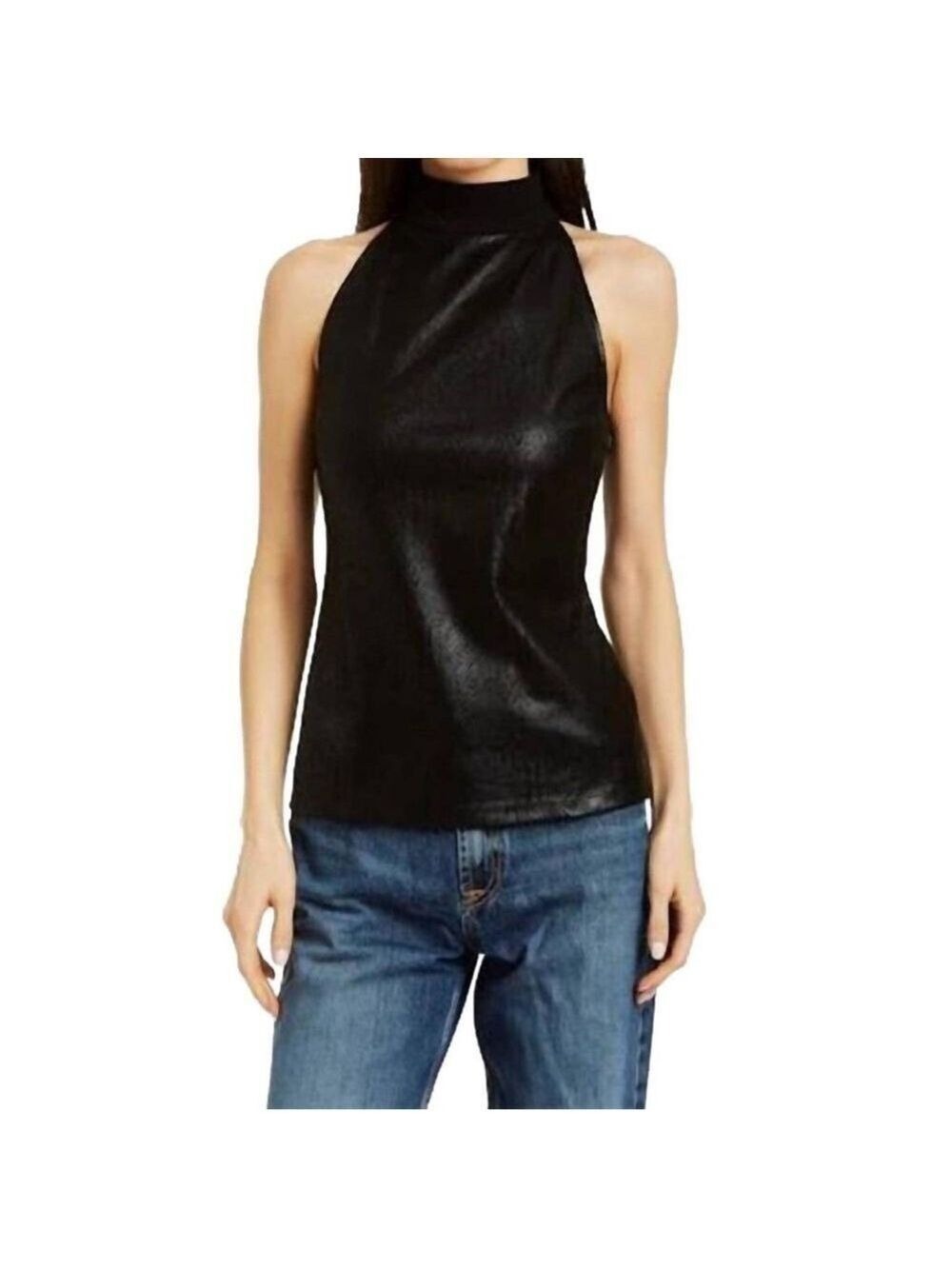DREW nwt Black High-Neck Sleeveless leather look three button collar medium